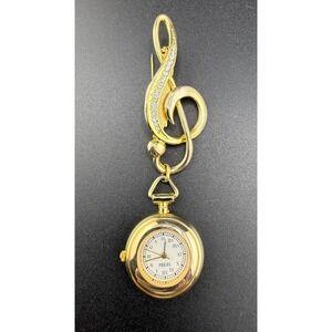 Vintage Watch Brooch Music Treble Clef Gold Tone Rhinestones‎ NEEDS BATTERY
